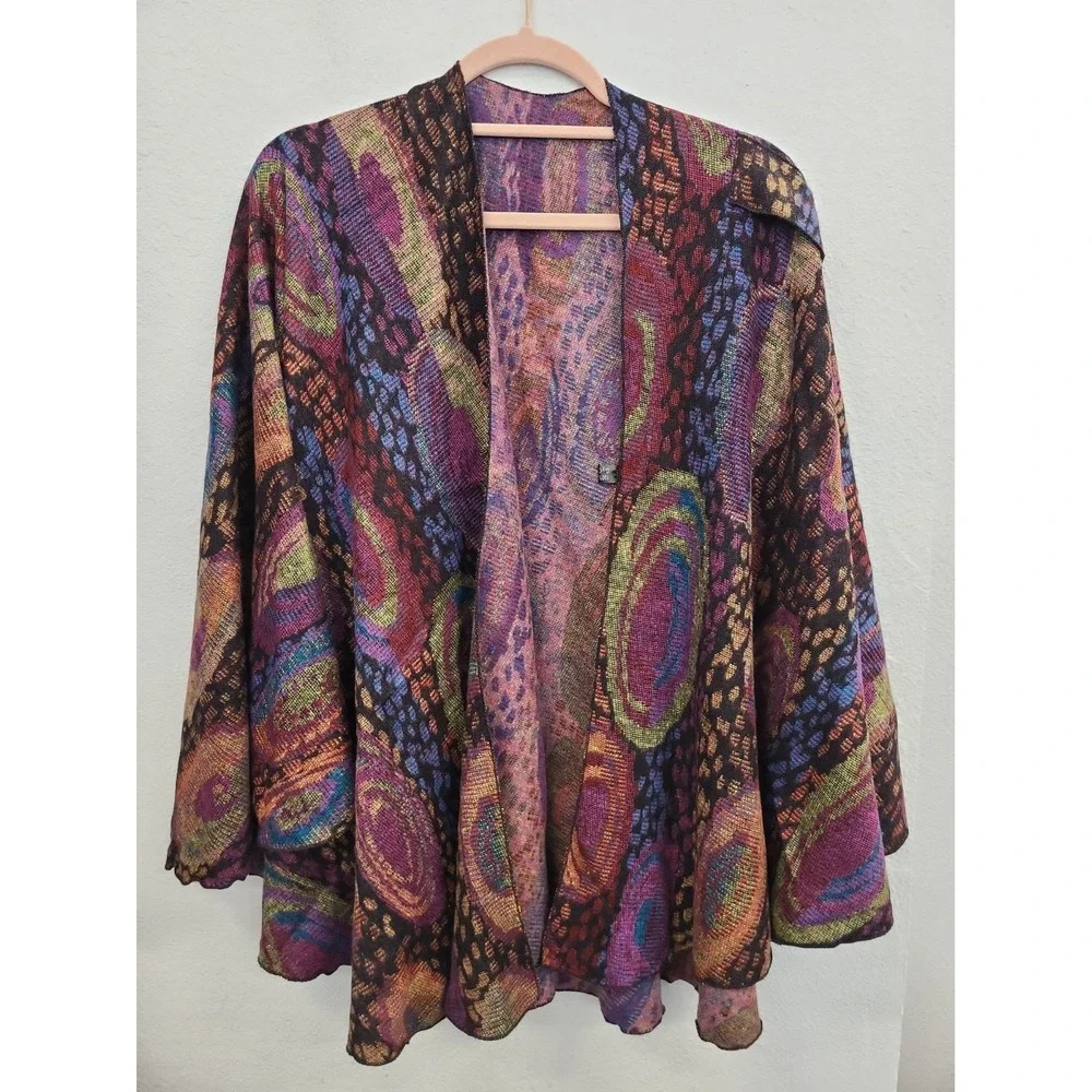 Rapti 100% Cashmere OS Open Front Shawl Wrap Multicolor Artsy Boho Abstract
